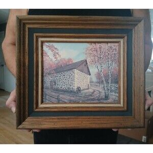 Barn Farmhouse Country Rustic Art Print on board Signed 1974 Wood Frame 13x15"